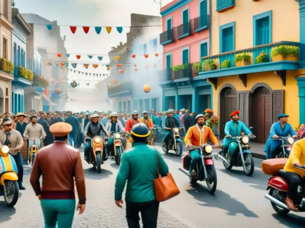 Vibrante Carnaval en Uruguay: Acuarela detallada de una calle bulliciosa Fiestas del Carnaval en Uruguay: bulliciosa calle con coloridos desfiles, gente en trajes festivos, bicicletas y peatones
