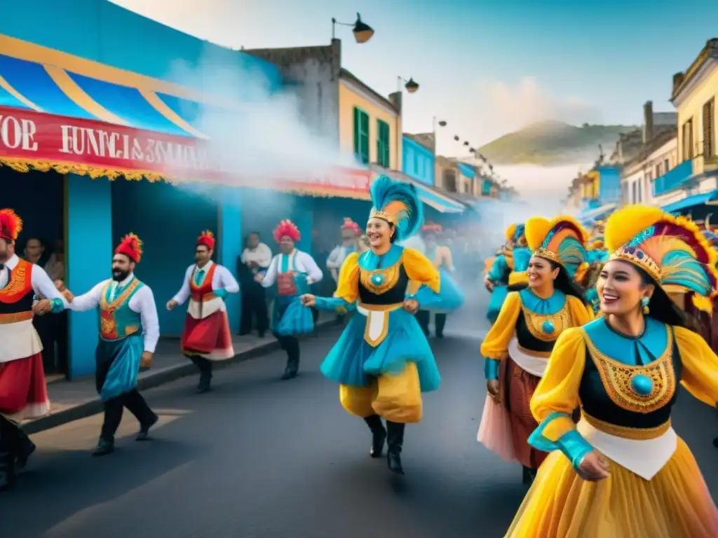 Colorida celebración del carnaval uruguayo con bailes y comidas típicas Figuras destacadas en el Carnaval Uruguayo con colores vibrantes y cocina tradicional