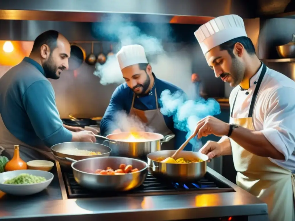 Pintura detallada de cocina uruguaya en Carnaval Figuras destacadas cocina Carnaval Uruguayo en animada cocina uruguaya durante Carnaval, con chefs apasionados y coloridos ingredientes