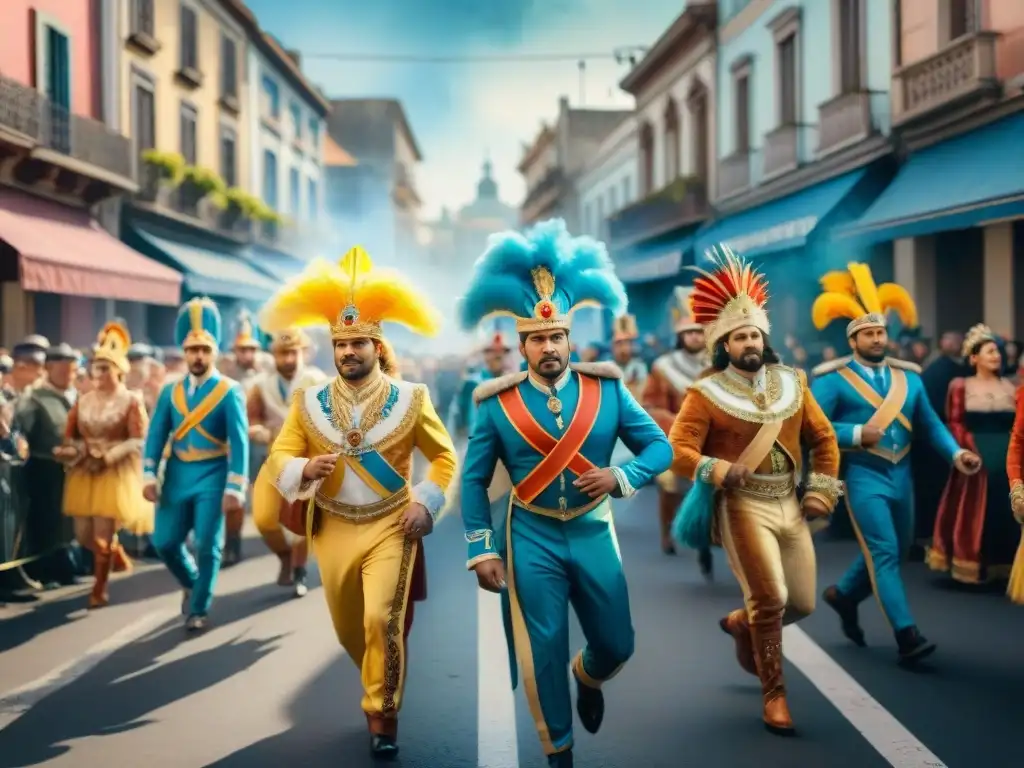 Vibrante Carnaval Uruguayo: Coloridas comparsas y alegría desbordante Filmación del Carnaval Uruguayo: Colorido desfile callejero con personas bailando y espectadores aplaudiendo