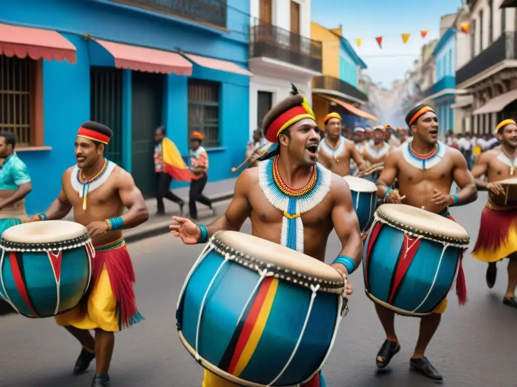 Vibrante tamborileo en Carnaval: Candombe en Uruguay Preparación física para Candombe: Tamborileros vibrantes en un dinámico carnaval de Uruguay