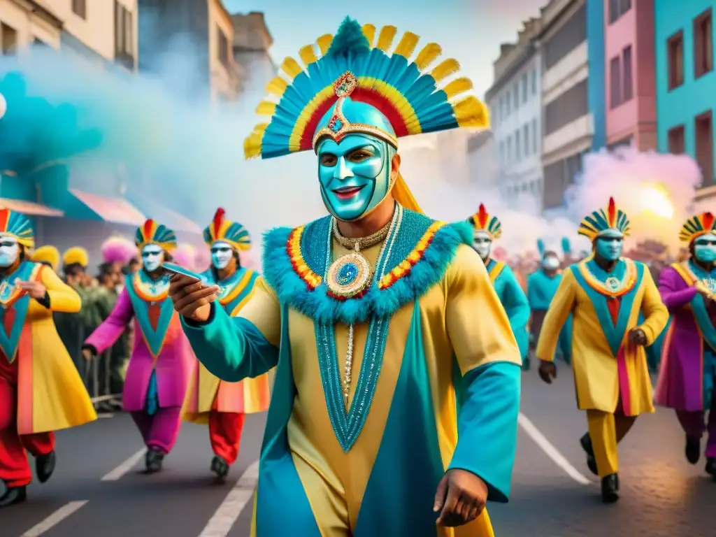 Carnaval Uruguayo: Fusión de tradición y tecnología futurista Flotante futurista con luces LED y proyecciones tecnológicas en el Carnaval Uruguayo fusionando tradición con tecnología de vanguardia