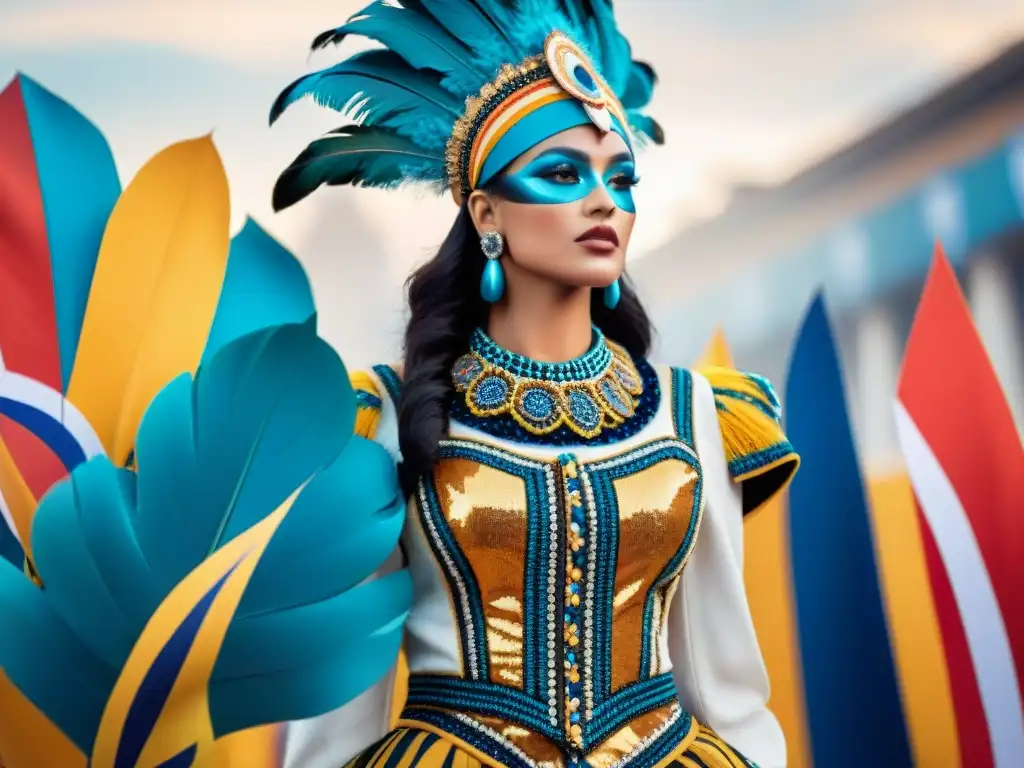Vibrante fusión: trajes de carnaval uruguayos y moda contemporánea Una fusión única de vestuario contemporáneo Carnaval Uruguayo y moda vanguardista