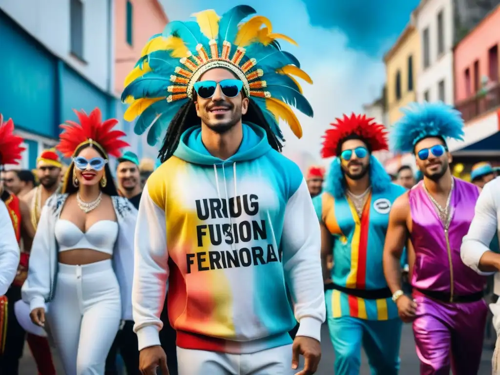 Carnaval urbano en Uruguay: fusión de tradición y modernidad Una fusión vibrante: artistas del carnaval uruguayo con influencia del streetwear y tradición, rodeados de confeti y energía festiva