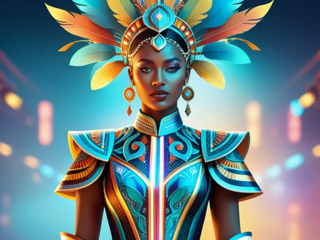 Traje de carnaval futurista: fusión de tradición y tecnología Futuro vestuario carnavalesco tecnológico: Una fusión vibrante de elementos clásicos y tecnología digital en un traje de carnaval