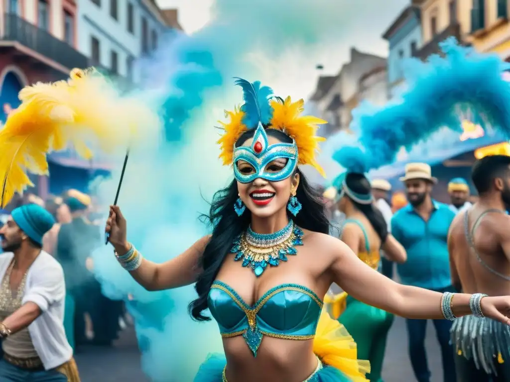 Colorido Carnaval Uruguayo: Graffiti y Baile en las Calles Graffiteros en el Carnaval Uruguayo: una colorida pintura acuarela muestra la bulliciosa calle llena de arte callejero y celebraciones festivas