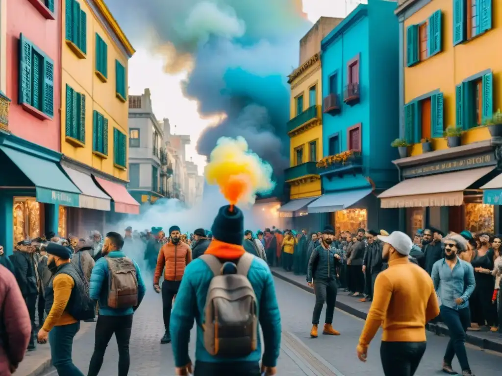 Carnaval en Montevideo: Calles Vibrantes y Coloridas Graffiteros en el Carnaval Uruguayo: Calle vibrante de Montevideo con arte callejero y danzas de carnaval