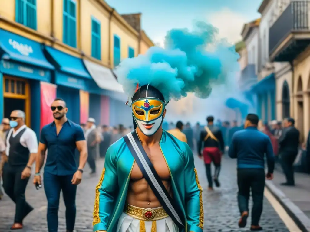 Carnaval en Uruguay: ilustración acuarela de una calle vibrante Graffiti Carnaval Uruguayo transforma ciudad con colores, máscaras y danzas