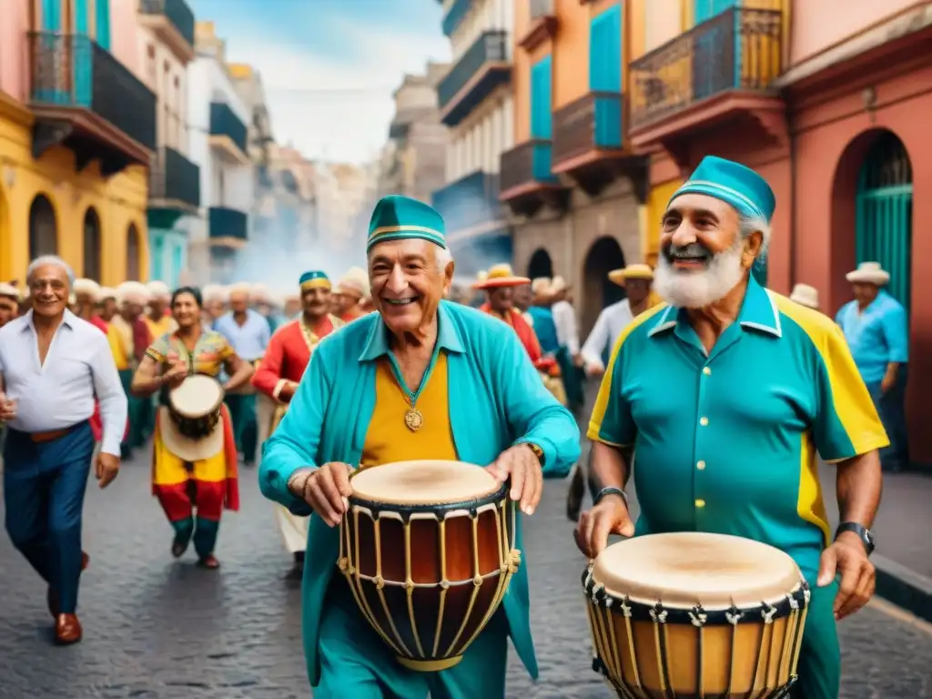 Desfile de Candombe: músicos uruguayos en Montevideo Grandes maestros del Candombe Uruguayo tocando tambores en una animada procesión de Montevideo, con coloridos trajes y edificios históricos de fondo