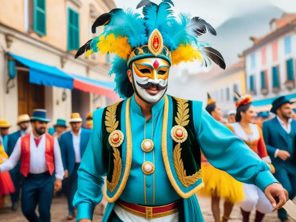 Carnaval en Uruguay: Colorida danza de artistas tradicionales Grupo alegre de artistas del Carnaval Uruguayo bailando entre multitud, con trajes coloridos y festivos