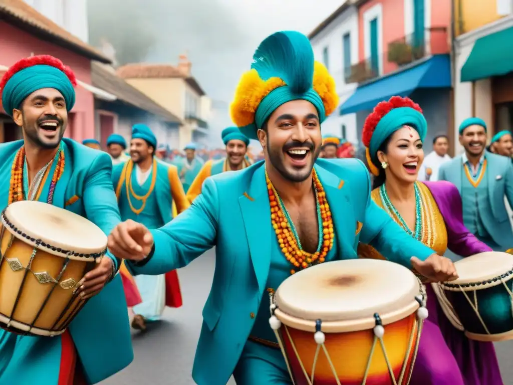 Energía y Color: Murga Festiva en Uruguay Grupo alegre de murgueros en desfile callejero vibrante en Uruguay, con impacto social emocional murgas Uruguay