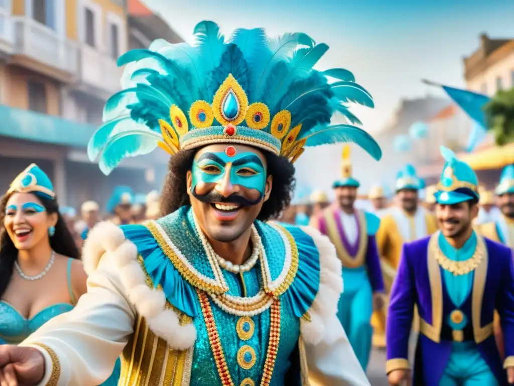 Deslumbrante desfile de carnaval en Uruguay Grupo alegre en trajes vibrantes con lentejuelas, celebrando Carnaval en Uruguay