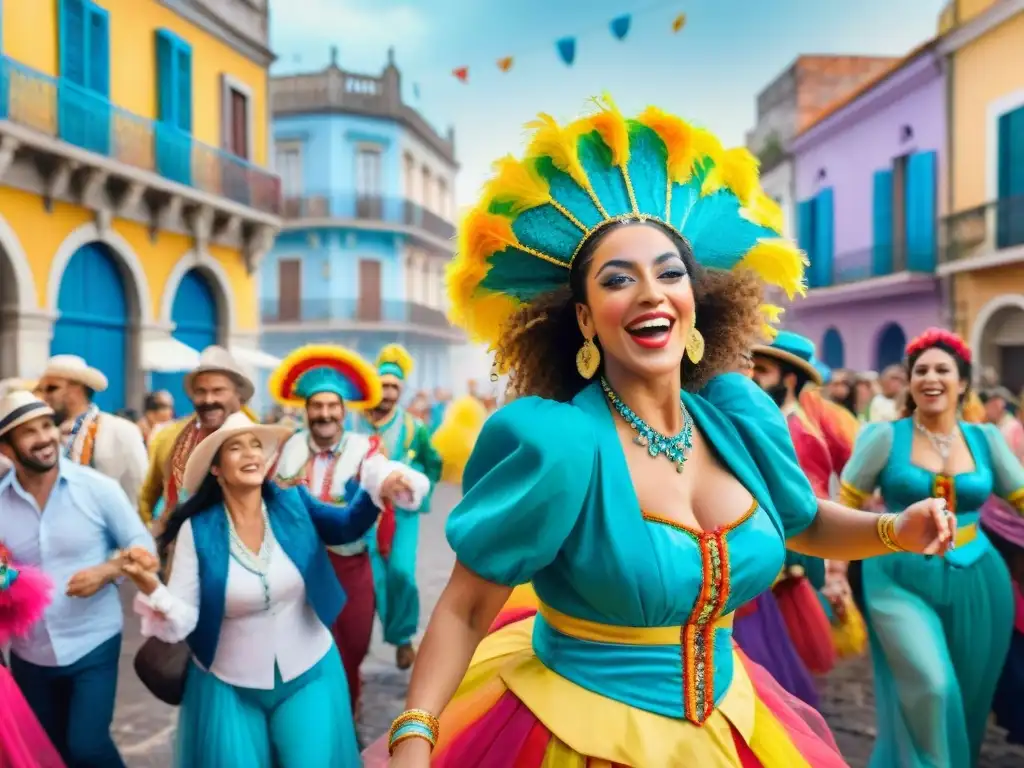 ¡Celebración colorida en Carnaval Uruguayo! Un grupo alegre de viajeros celebra el Carnaval Uruguayo entre edificios coloniales y confeti, expresando emoción y asombro