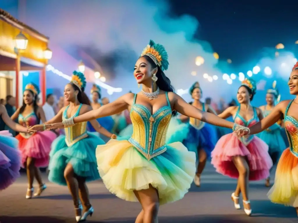 Danza vibrante: Carnaval Uruguayo bajo noche estrellada Grupo de alegres bailarines en el vibrante Carnaval Uruguayo bajo las estrellas, rodeados de luces y coloridos