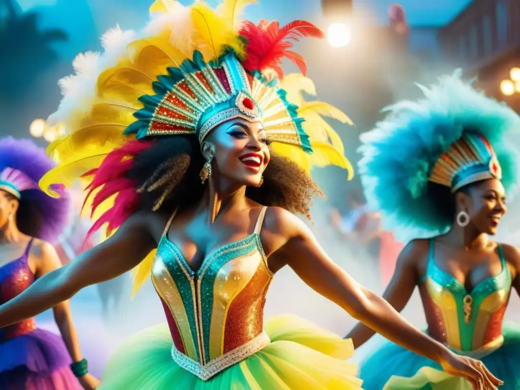 Un grupo de apasionados coreógrafos del Carnaval ensayan con alegría y determinación, rodeados de coloridos trajes y notas musicales