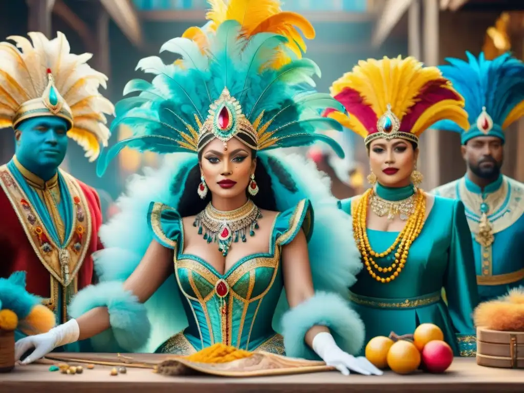 Artesanos creando trajes de carnaval coloridos con técnicas ancestrales Un grupo de artesanos hábiles crean trajes de carnaval con técnicas ancestrales en un taller bullicioso