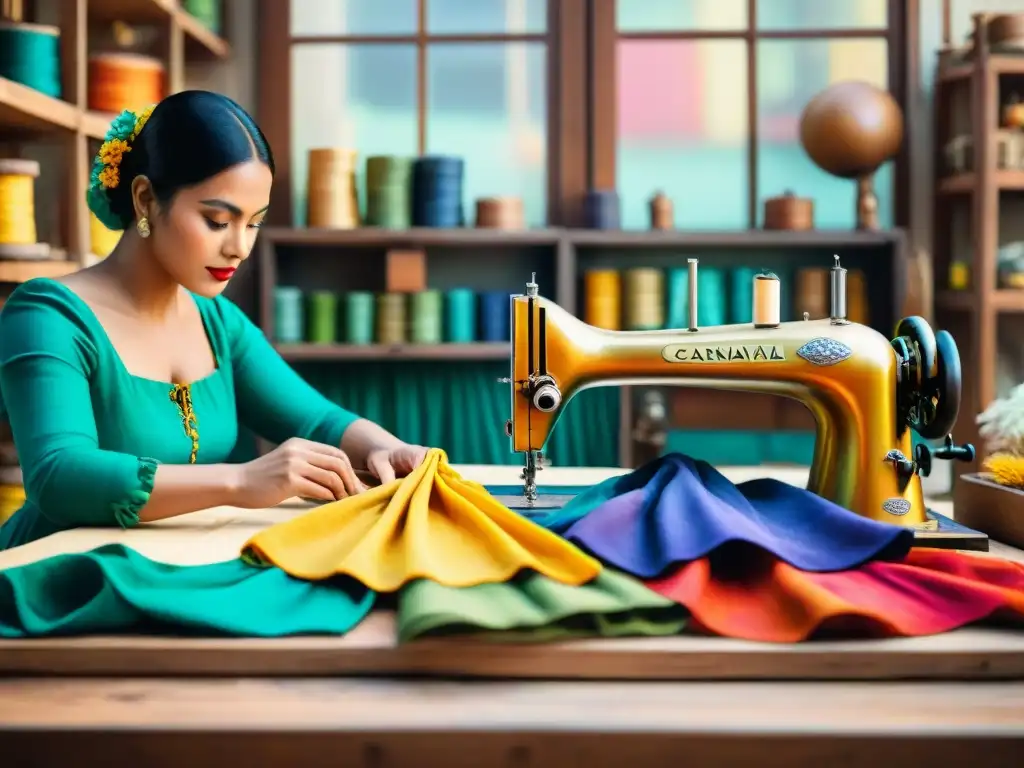Artesanos restaurando trajes de Carnaval: tradición y color Grupo de artesanos restaurando trajes de Carnaval, rodeados de telas y máquinas de coser antiguas, historias trajes carnaval restaurados