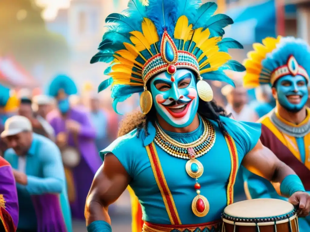 Colorido Carnaval en Uruguay: Baile y Máscaras Grupo de artistas danzando con alegría en el Carnaval Uruguayo, combinando trajes y accesorios coloridos