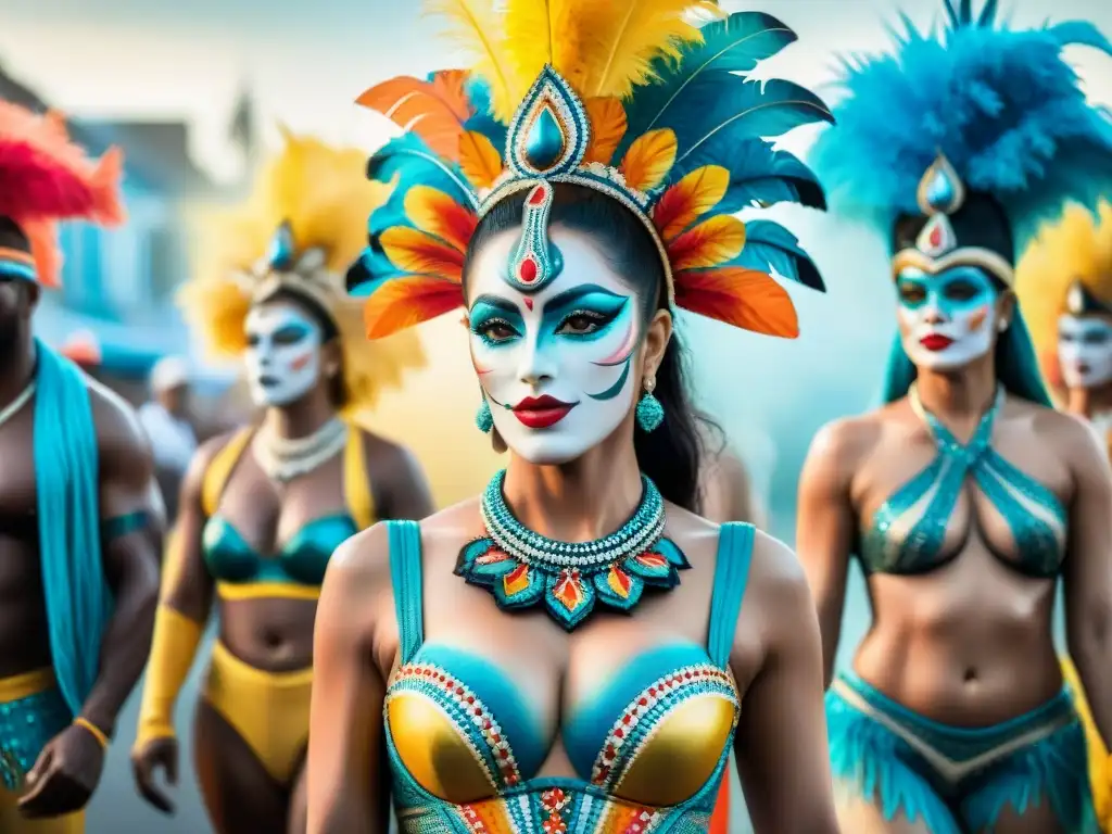 Carnaval en Uruguay: Arte Corporal Vibrante Grupo de artistas de body painting Uruguay en vibrante carnaval con elaborados diseños y colores festivos