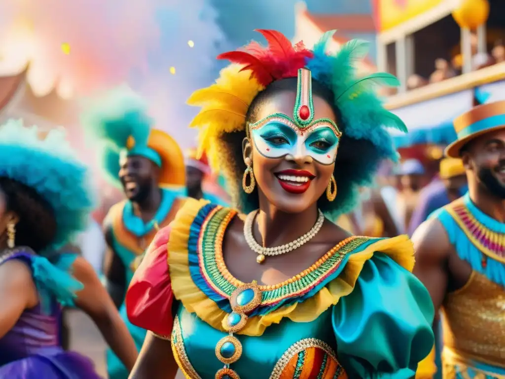 Grupo de artistas en Carnaval Uruguay: crean arte con impacto emocional en medio de la alegría del desfile y el atardecer cálido