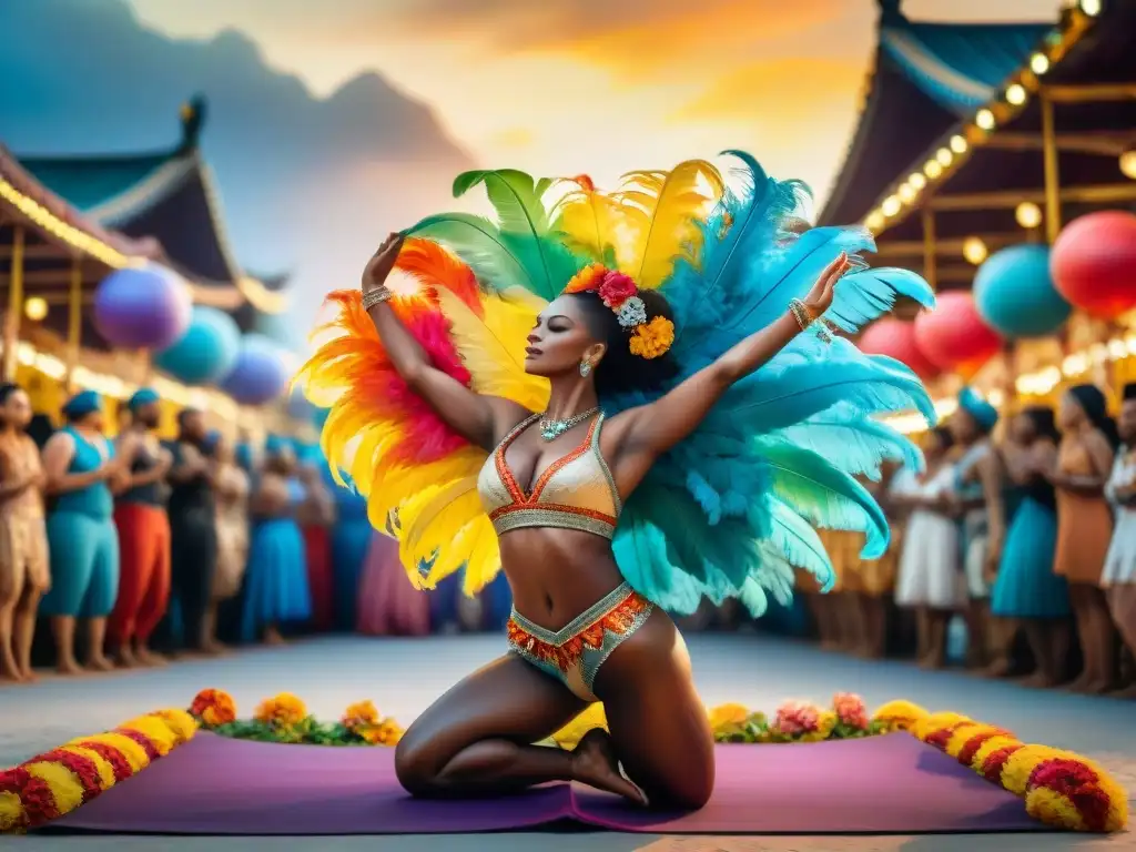 Carnaval de yoga: artistas vibrantes en estiramientos Grupo de artistas de carnaval realizando estiramientos esenciales en un escenario tropical lleno de coloridas plumas y flores exóticas al atardecer