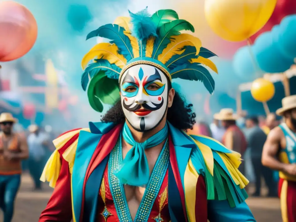 Deslumbrante carnaval sostenible en Uruguay Grupo de artistas del Carnaval Uruguayo con vestuario sostenible y colorido en fiesta alegre