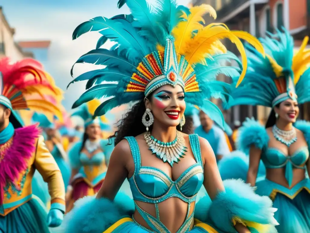 Carnaval Uruguayo: Celebración de Color y Tradición Grupo de artistas del Carnaval Uruguayo en trajes elaborados, reflejando la creatividad y el impacto global del diseño de vestuario