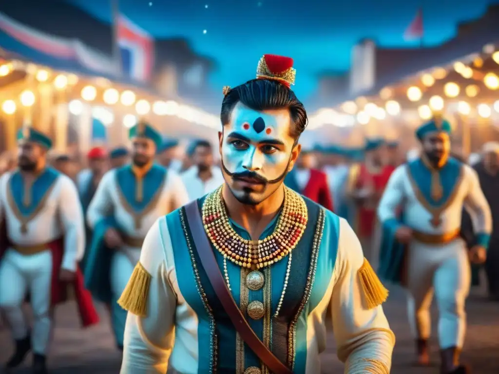 Energía y color en Carnaval Uruguayo Grupo de artistas bailando en un Carnaval Uruguayo bajo un cielo estrellado, mostrando técnicas de actuación en revistas