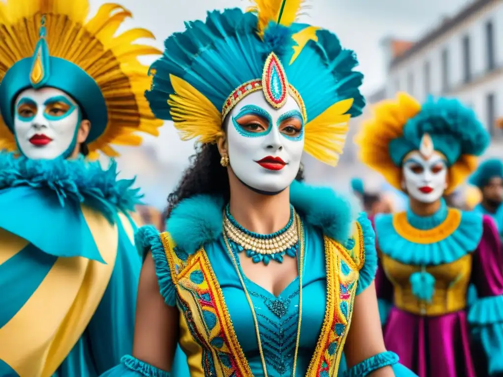 Carnaval de Uruguay: Trajes coloridos con mensajes de cambio social Grupo de artistas de carnaval en Uruguay con vestuario de protesta social, vibrante y detallado