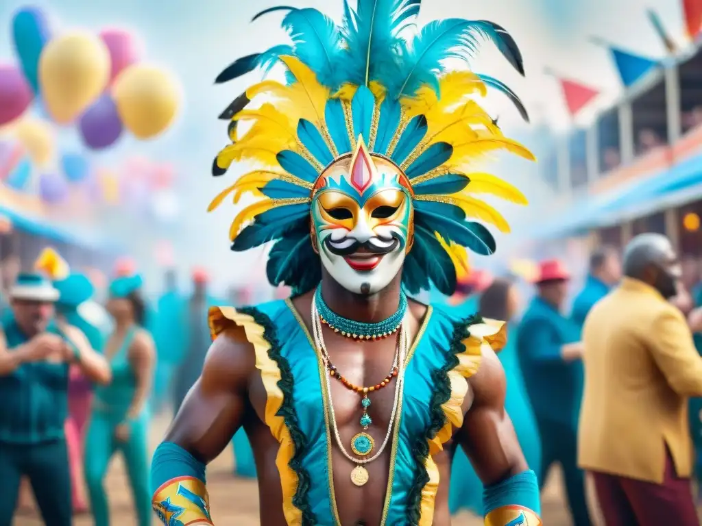 Carnaval vibrante en Uruguay: baile, color y emoción Grupo de artistas en vibrante carnaval uruguayo, danzando con energía en deslumbrantes trajes y máscaras