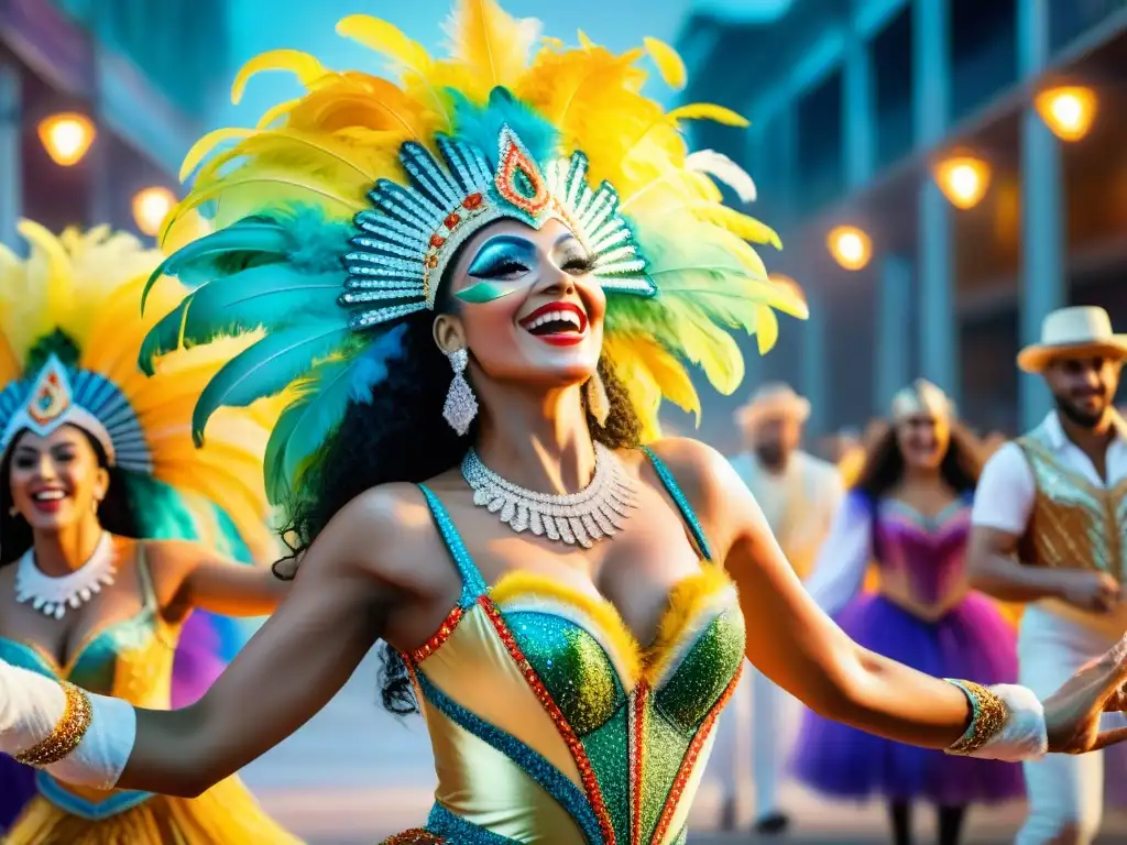 Explosión de color y alegría: Carnaval de Revistas en Uruguay Grupo de artistas en vibrantes trajes de carnaval, bailando con pasión en escenario de revista