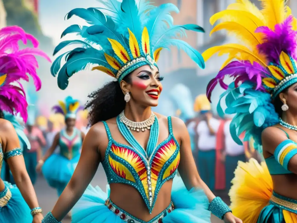 Deslumbrante baile de Carnaval en Uruguay Grupo de bailarines de carnaval en Uruguay, con arte minucioso en trajes coloridos y plumas vibrantes