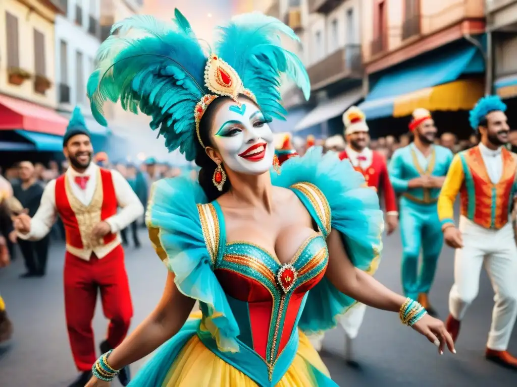 Carnaval en Montevideo: baile y colorido Grupo de bailarines de carnaval en Montevideo, Uruguay, con coloridos trajes y energía festiva