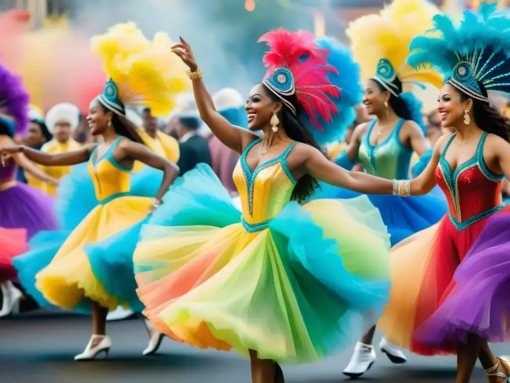 Baile alegre en el carnaval: prevención de lesiones Grupo de bailarines de carnaval en movimiento armonioso, con trajes coloridos y sonrisas, en desfile alegre