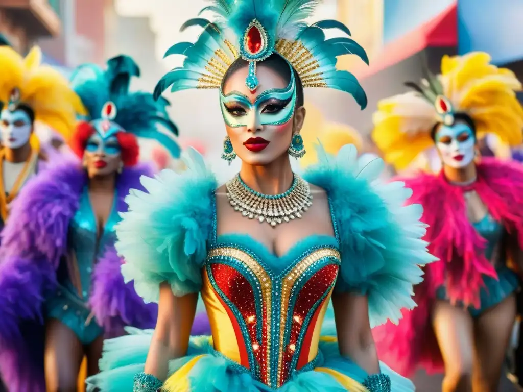 Deslumbrante desfile de bailarines de carnaval en acuarela Grupo de bailarines de carnaval con trajes coloridos y maquillaje elaborado en un desfile festivo