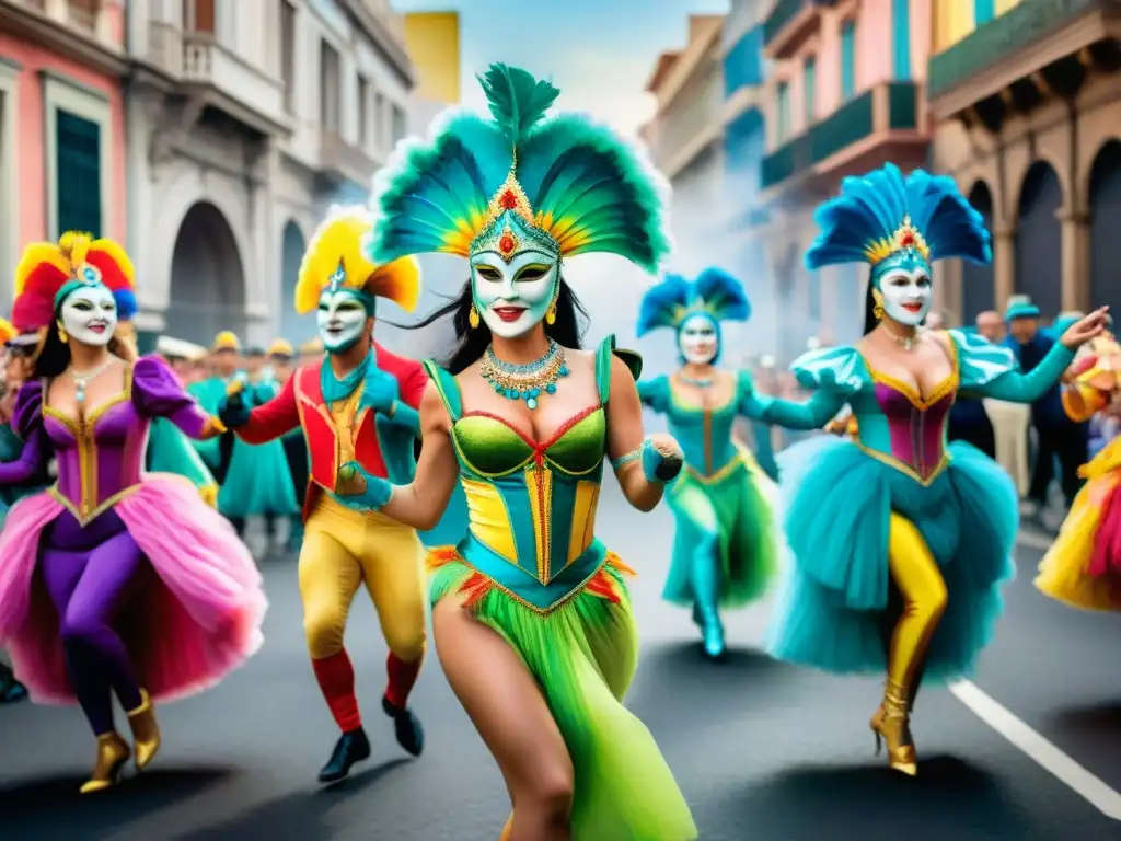Baile y color en el Carnaval de Montevideo Grupo de bailarines con máscaras y trajes coloridos danzando en las calles de Montevideo durante el Carnaval, transmitiendo energía y ritmo
