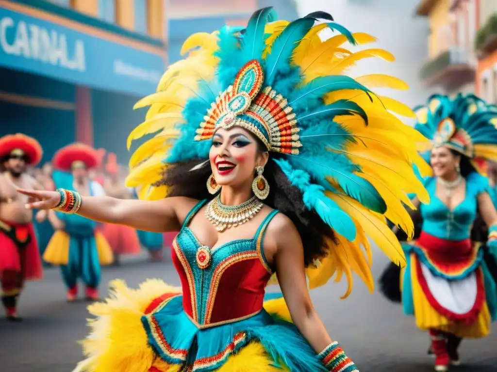 Danza colorida en Carnaval Uruguayo Grupo de bailarines con trajes tradicionales y coloridos en el Carnaval Uruguayo, transmitiendo energía y pasión