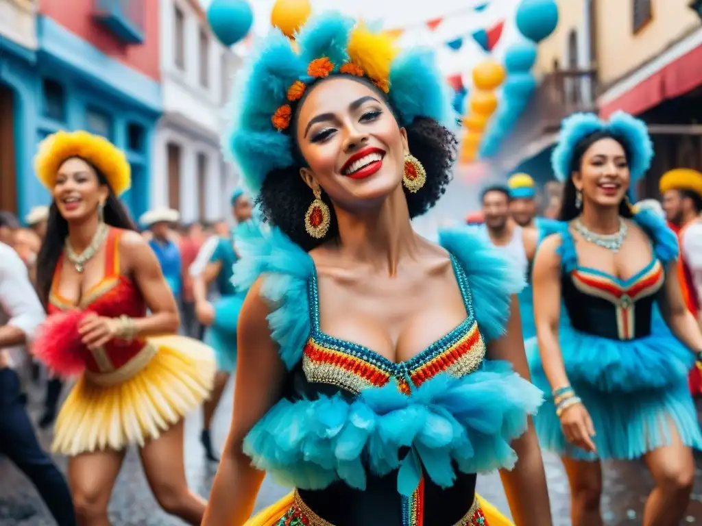 Baile de Carnaval: Diversión y Color en Uruguay Grupo de bailarines vibrantes en Carnaval Uruguayo, moviéndose con energía y color