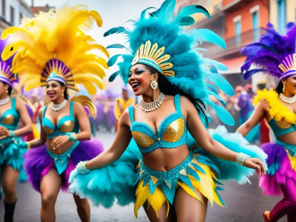 Deslumbrante baile de carnaval en Uruguay Grupo de bailarines vibrantes en el Carnaval Uruguayo con plumas y lentejuelas, expresando alegría y emoción