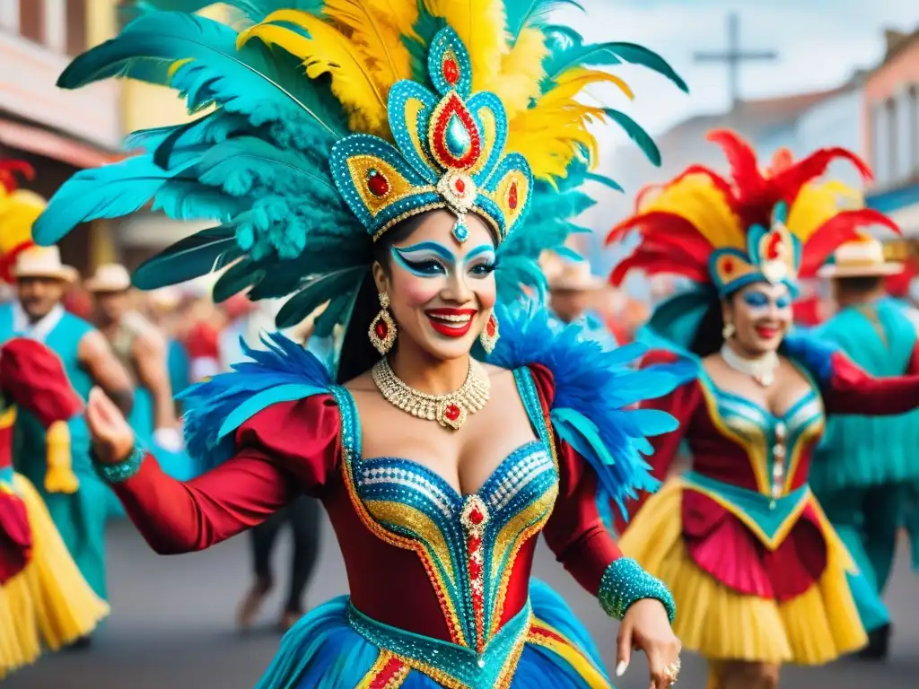 Baile vibrante en el Carnaval Uruguayo Grupo de bailarines vibrantes en trajes de carnaval uruguayo, con aplicaciones diseño llenas de color y energía festiva