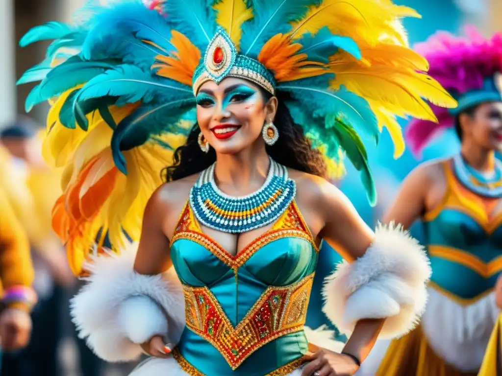 Carnaval Uruguayo: danza y color en vivo Grupo de bailarines vibrantes en trajes de Carnaval Uruguayo, con plumas, lentejuelas y bordados detallados