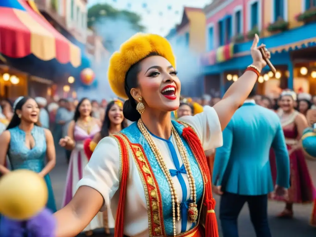 Apasionada murga: vibrante ilustración acuarela de murguistas en carnaval Grupo de murguistas cantando apasionadamente en el carnaval, expresando energía y emoción