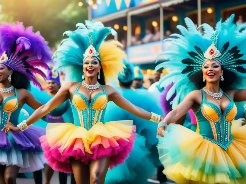 Grupo de coreógrafos del Carnaval, vestidos con trajes coloridos, concentrados en coreografiar una rutina animada durante un desfile festivo