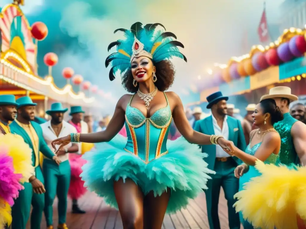 Grupo de coreógrafos del Carnaval en vibrante ilustración de acuarela, llenos de pasión y creatividad