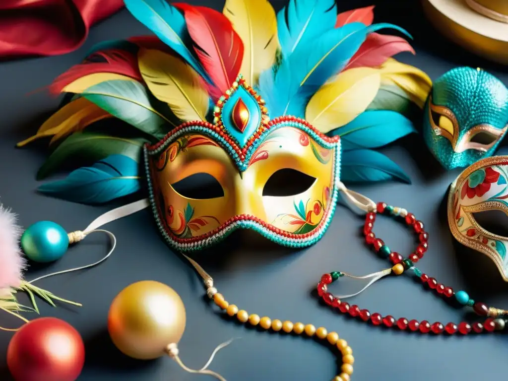 Artesanos uruguayos creando máscaras de carnaval Un grupo de diseñadores y artesanos del Carnaval Uruguay creando una máscara gigante rodeados de materiales coloridos