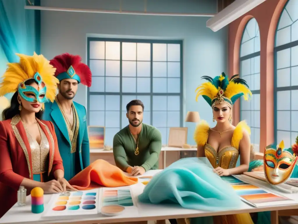 Diseñadores de carnaval uruguayo crean con pasión en estudio colorido Grupo de diseñadores carnavalescos uruguayos innovadores trabajando apasionadamente en un estudio bullicioso y colorido