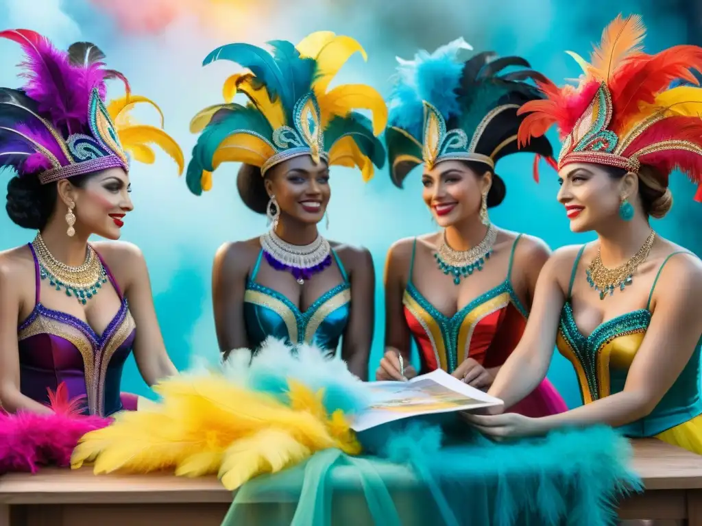 Diseño colaborativo de trajes de carnaval en Uruguay Grupo de diseñadores de vestuario para Carnaval en Uruguay creando juntos trajes coloridos con telas, cuentas y plumas