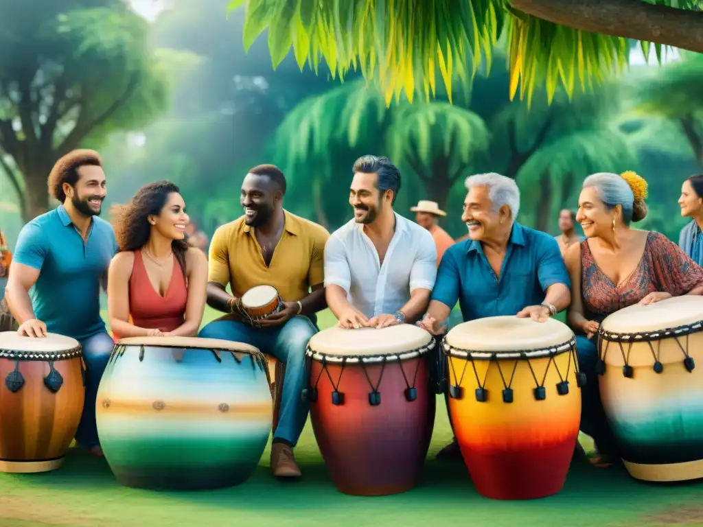 Grupo diverso disfruta candombe en parque verde Uruguay, conexión y alegría, beneficios salud mental candombe Uruguay