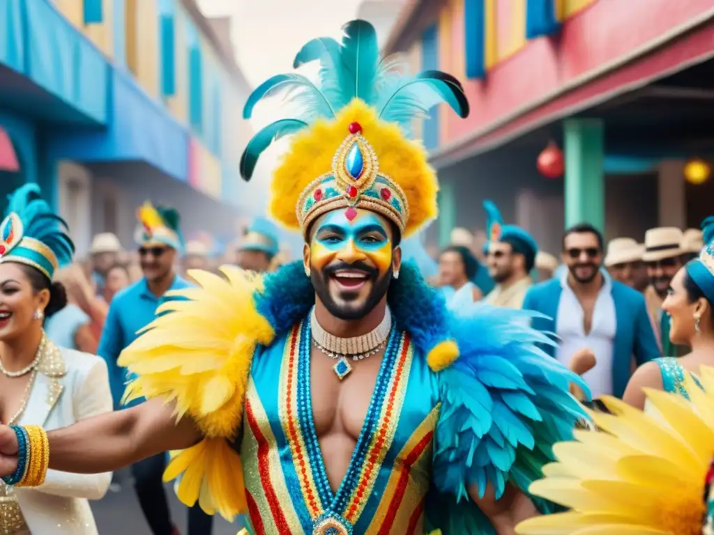 Desfile de Carnaval LGBT+ en Uruguay Grupo diverso y colorido en trajes de carnaval, celebrando con alegría y orgullo en comparsas LGBT+ Carnaval Uruguayo