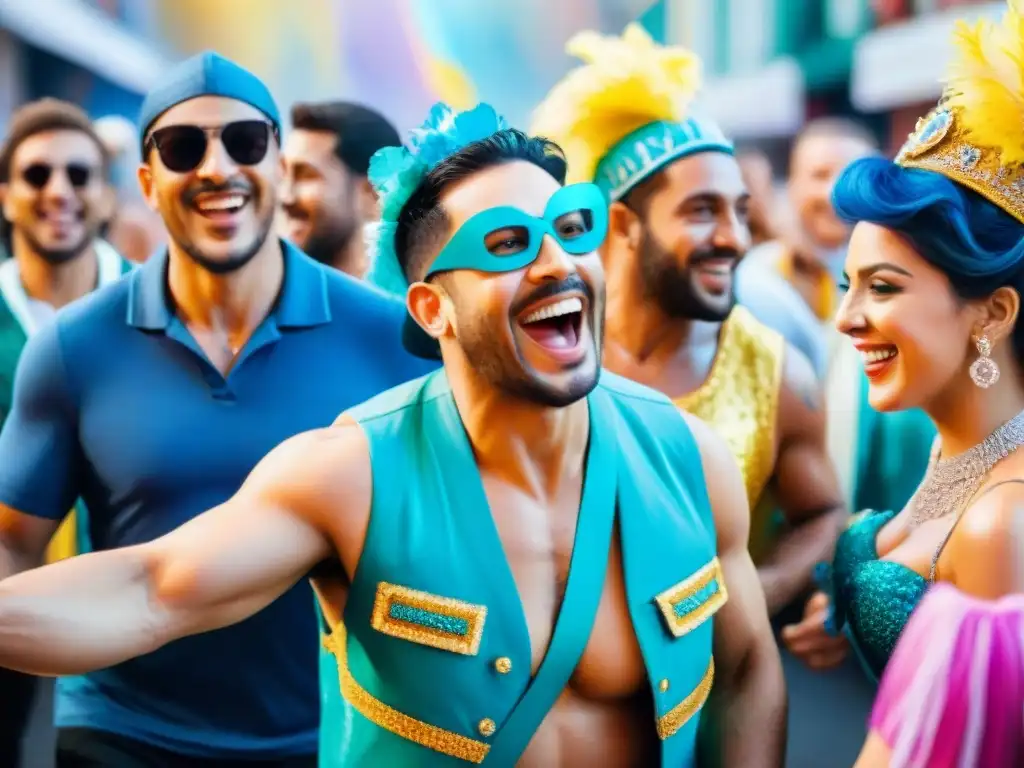 Carnaval inclusivo con personas con discapacidad Grupo diverso con discapacidad disfruta del Carnaval uruguayo con coloridos trajes y alegría, en un ambiente festivo y lleno de inclusión